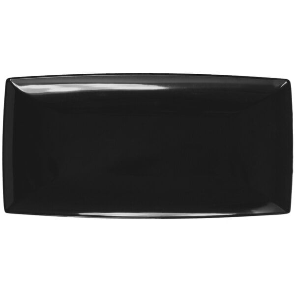 A black rectangular tray with Thunder Group Classic Black rectangular melamine trays on a white background.