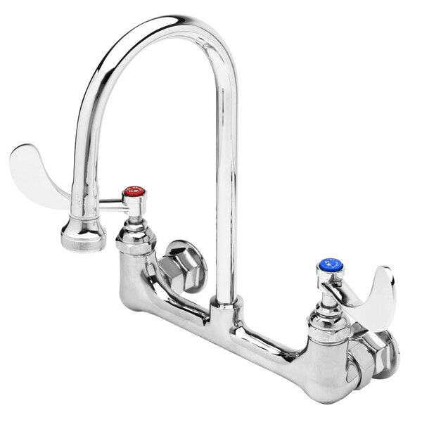 A chrome T&S wall-mounted surgical sink faucet with 6" wrist action handles.