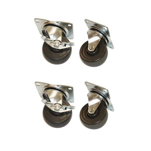 A set of four black and silver swivel plate casters with wheels.
