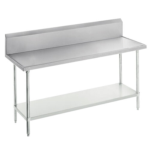 A stainless steel Advance Tabco work table with a backsplash and undershelf.