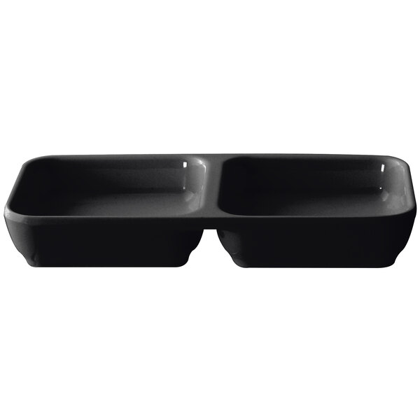 Two black rectangular Thunder Group sauce dishes with two compartments.