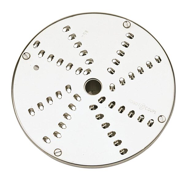 A Robot Coupe 2.5 mm grating disc, a circular metal object with holes.