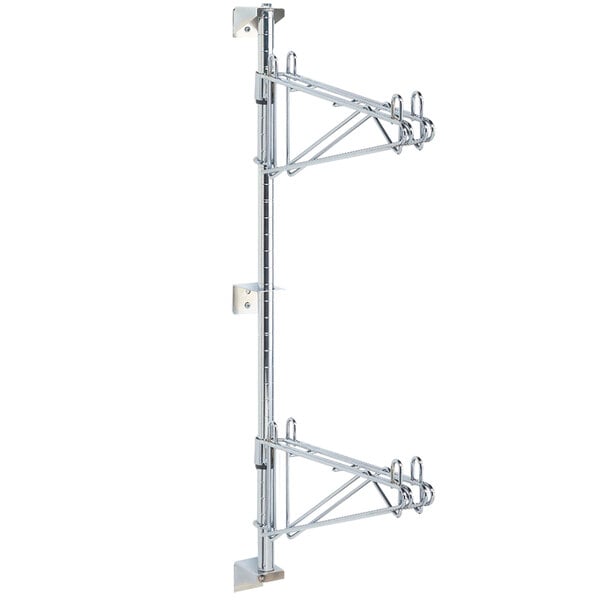 A chrome Metro double level wall mount with poles and hooks.
