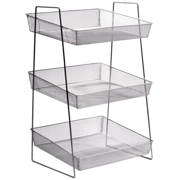 A Clipper Mill silver chrome plated iron wire mesh 3-tier basket stand with wire trays on each shelf.