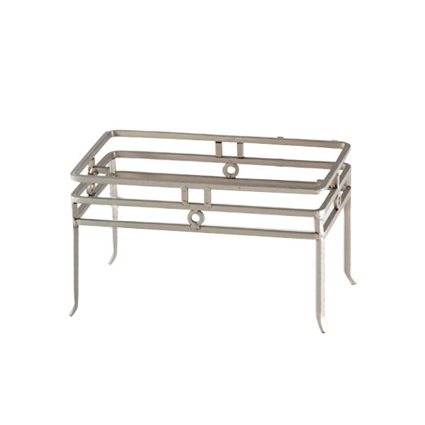 A Clipper Mill chrome powder coated iron rectangular riser with a metal frame and legs.