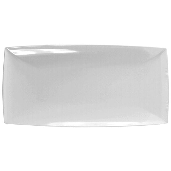 A close-up of a white rectangular Thunder Group melamine tray with a thin rim.