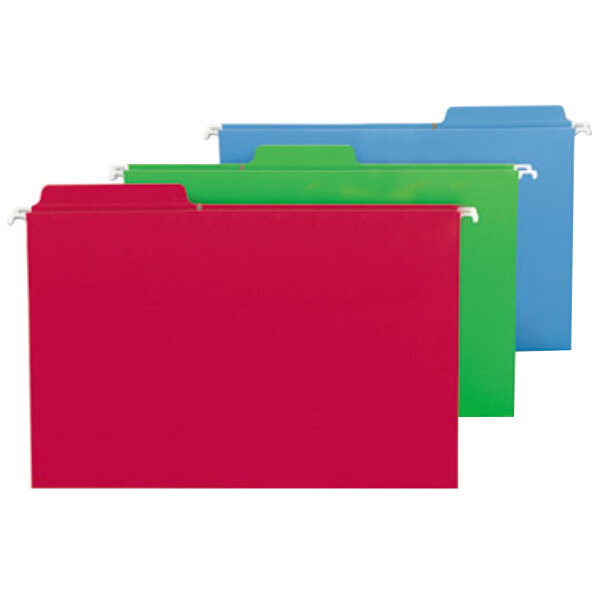 Several Smead legal size FasTab hanging file folders in green, blue, and red.