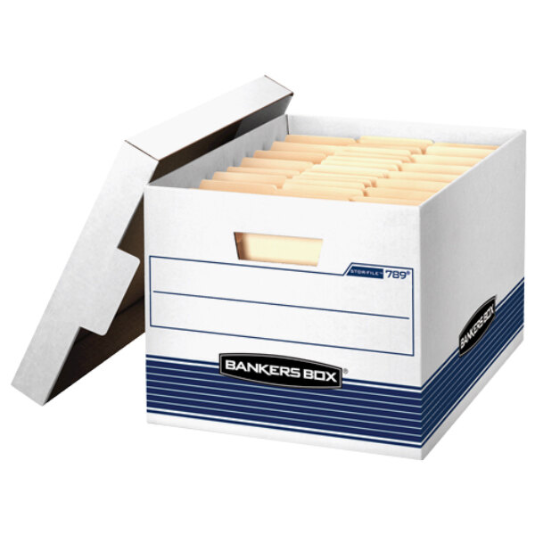 A white Fellowes Banker's Box file storage box with blue and white labels.