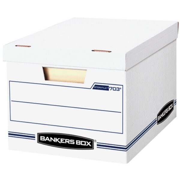 A white Fellowes Banker's Box storage box with a lift-off lid.