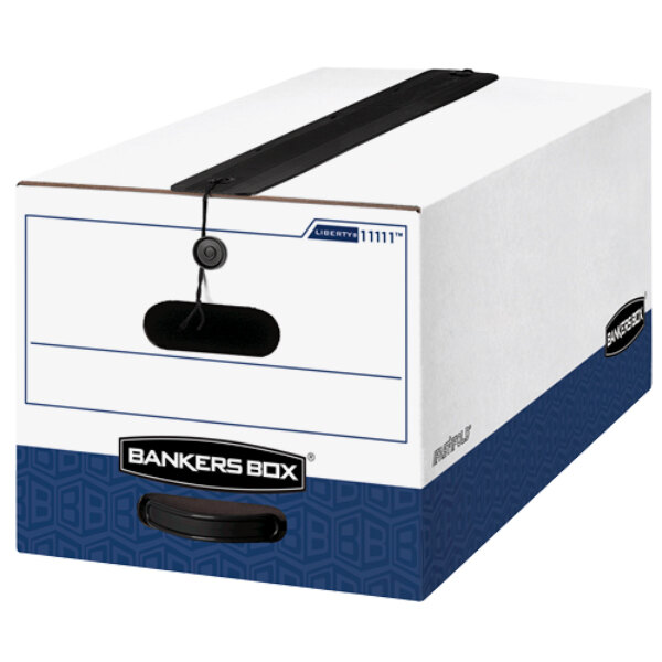 A white rectangular Fellowes Bankers Box with a black string and button closure.