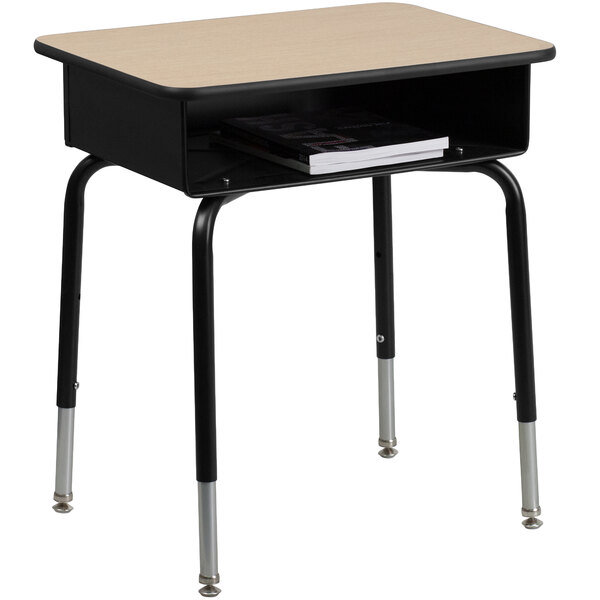 A Flash Furniture natural laminate student desk with a black book box on the front.