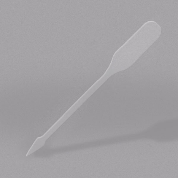 A clear plastic paddle pick with a pointed tip.