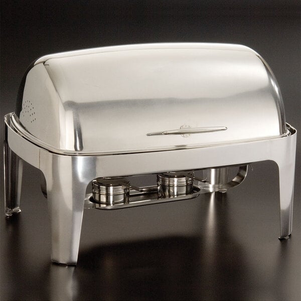 An American Metalcraft stainless steel chafer with two trays on top, on a black surface.