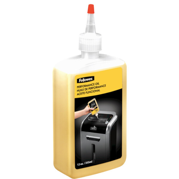 A clear plastic bottle of Fellowes Powershred Shredder Oil with a white cap.