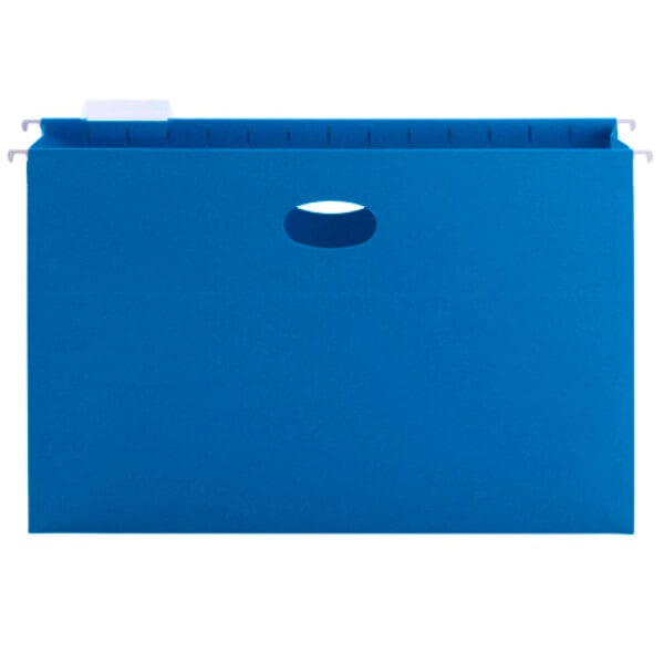 A blue legal size hanging file pocket with a white background.