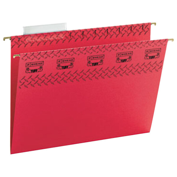 A red file folder with black tape on the sides.