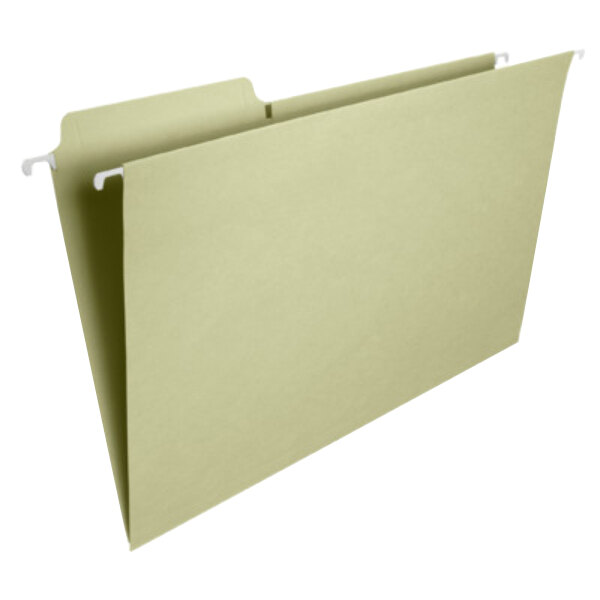 A close-up of a green Smead FasTab hanging file folder.