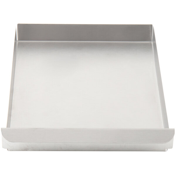 A silver metal rectangular tray with a black plastic handle.
