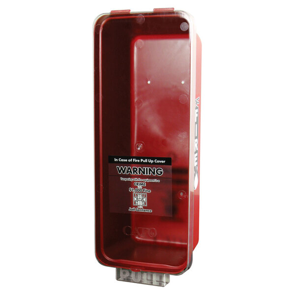 A red Cato fire extinguisher cabinet with a white label.