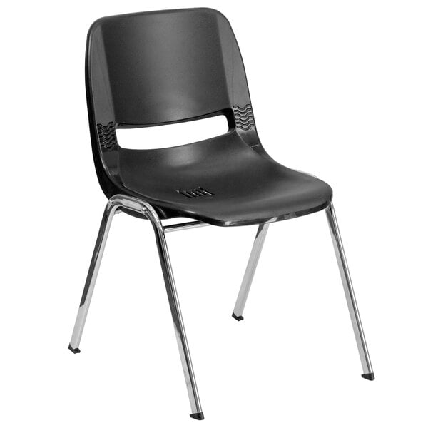 A Flash Furniture black plastic chair with chrome legs.