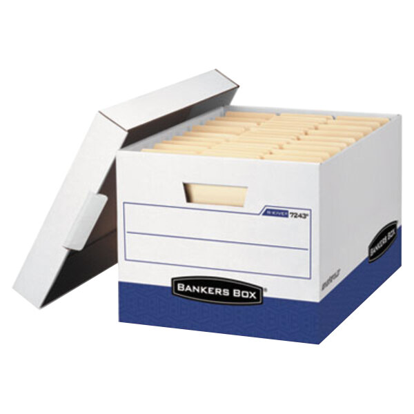 A white Fellowes Banker's Box file storage box with a lift-off lid.