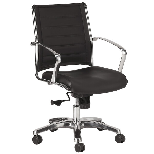 A black Eurotech mid back office chair with chrome legs.