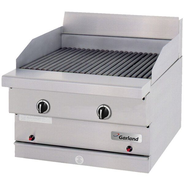 A Garland stainless steel charbroiler with two burners.