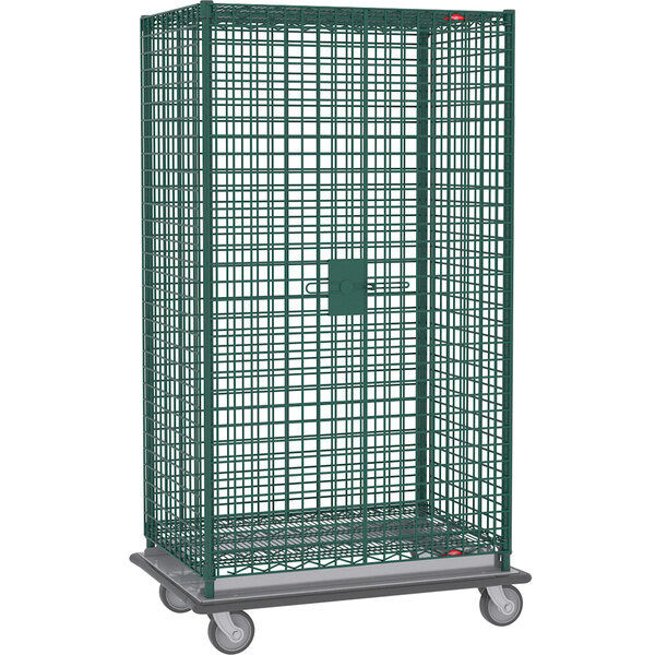 A large green Metro wire security cabinet on wheels with a lock.
