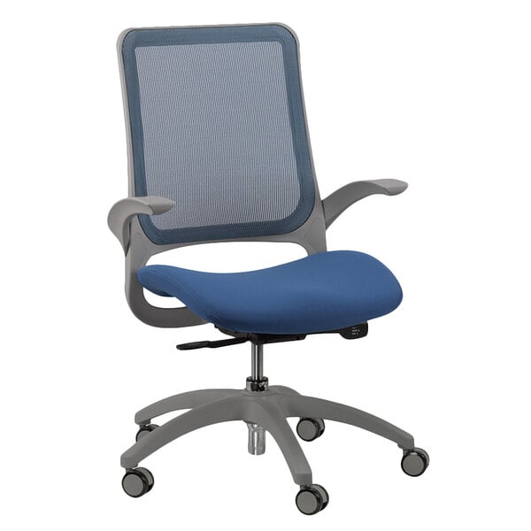 A blue and grey Eurotech office chair with mesh back and swivel base.