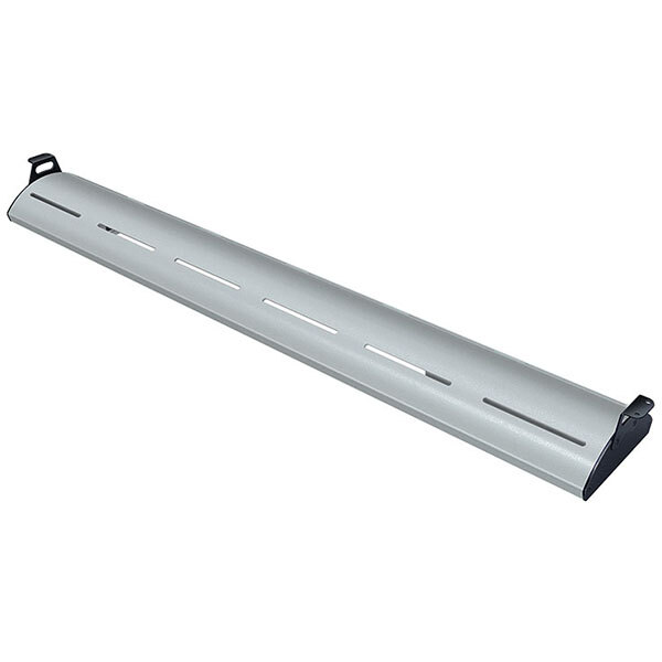 A long metal curved display light with holes on a metal beam.
