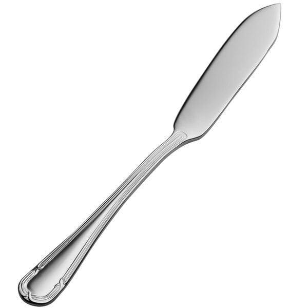 A Bon Chef stainless steel butter spreader with a flat handle.