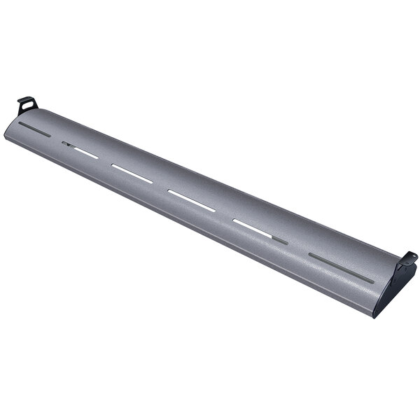 A long metal rectangular display light with holes in it.