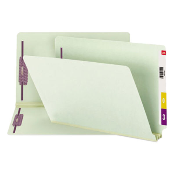 A gray and green Smead file folder with two fasteners on white paper.