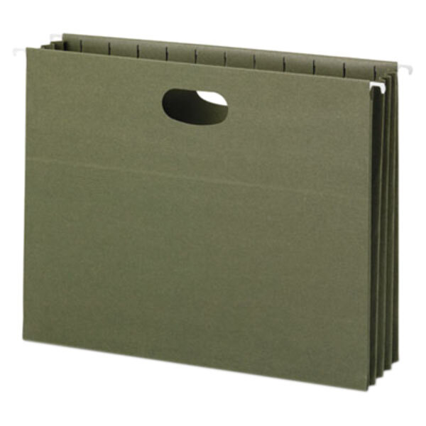A green Smead file bag with a handle.