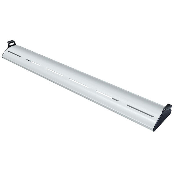 A white metal curved display light with a white rectangular object with holes.