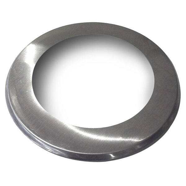 A circular stainless steel adapter with a hole in the center.