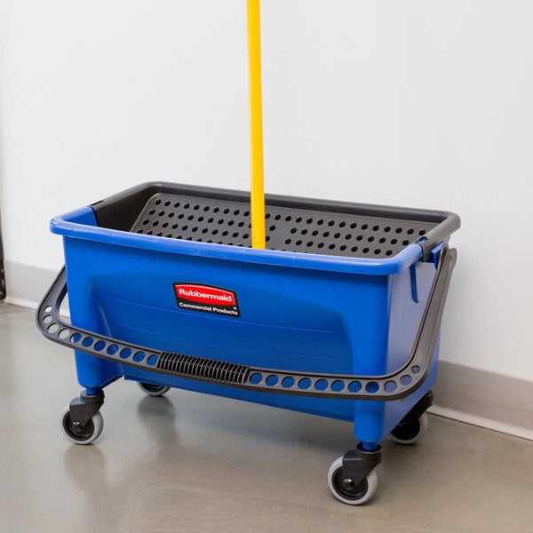 A Rubbermaid blue mop bucket with a handle.