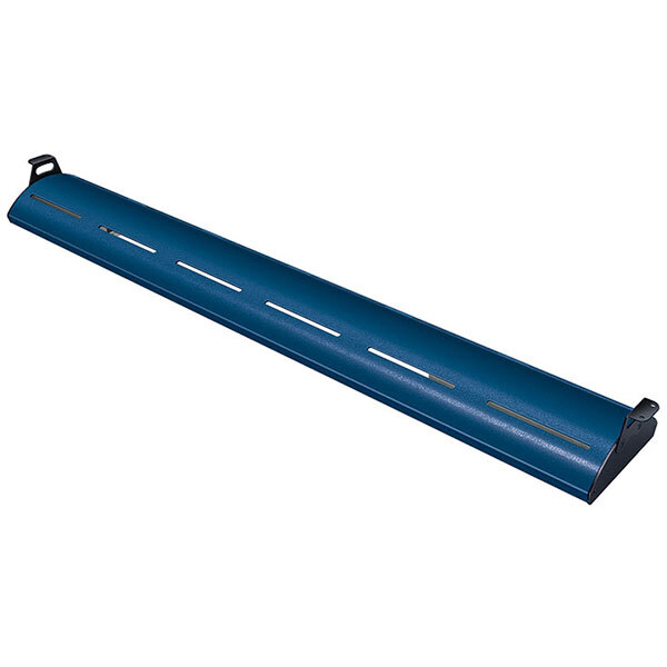 A navy blue metal beam with warm lighting and holes.