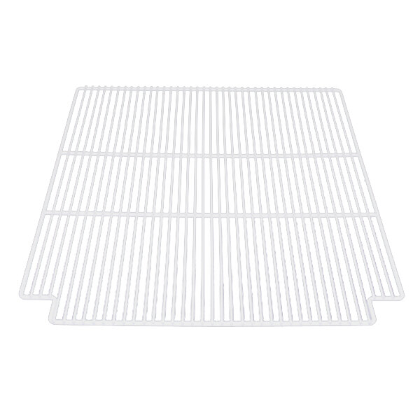 A white metal grid with a center wire shelf on a white background.