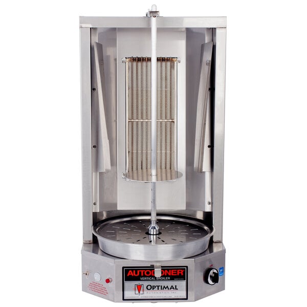 An Optimal Automatics Autodoner vertical broiler with a round grill on top.