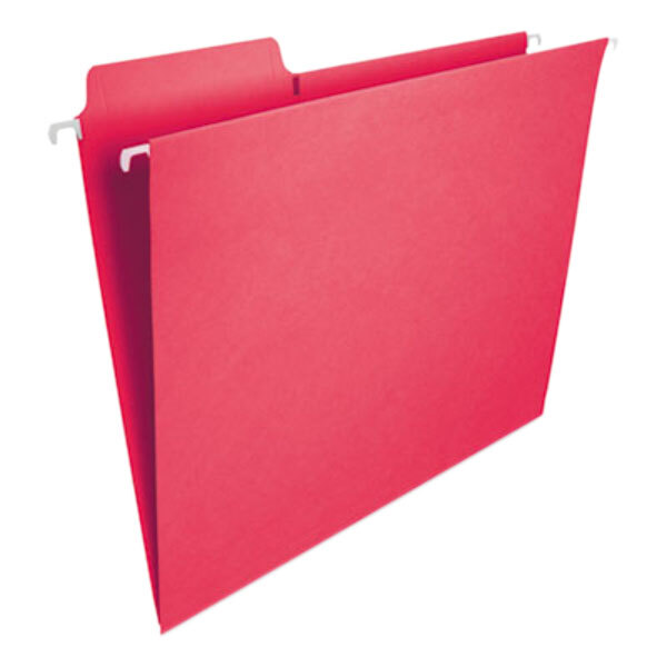 A close-up of a red Smead FasTab hanging file folder.