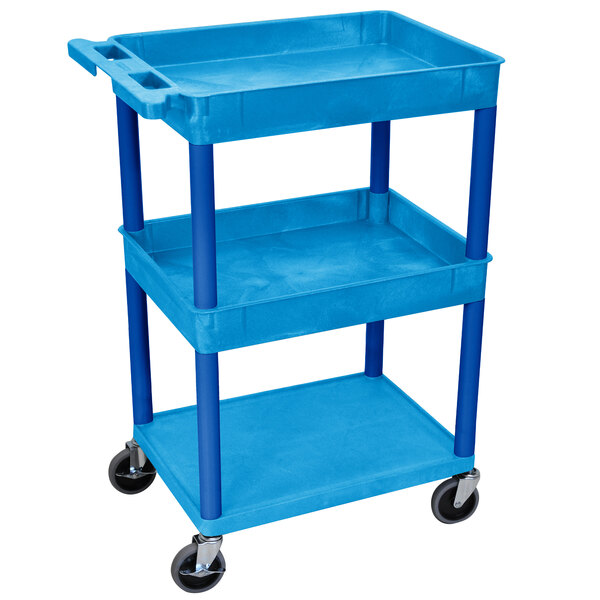 A blue plastic Luxor utility cart with two flat shelves and wheels.