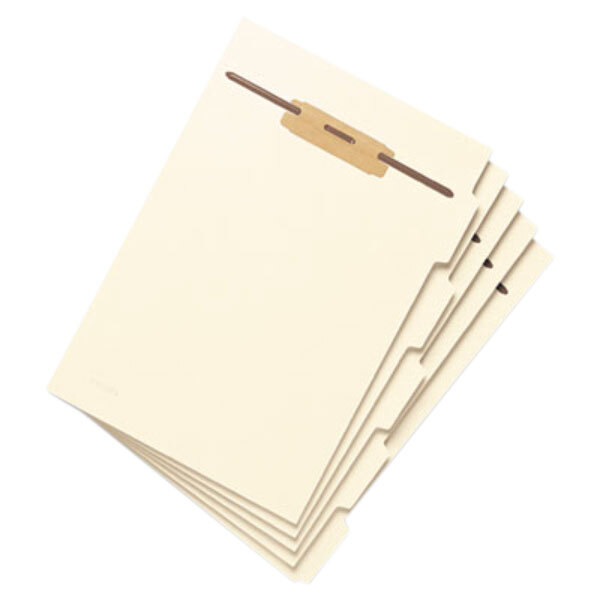 A stack of white folders with brown side tabs.