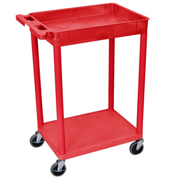 A red plastic cart with wheels.