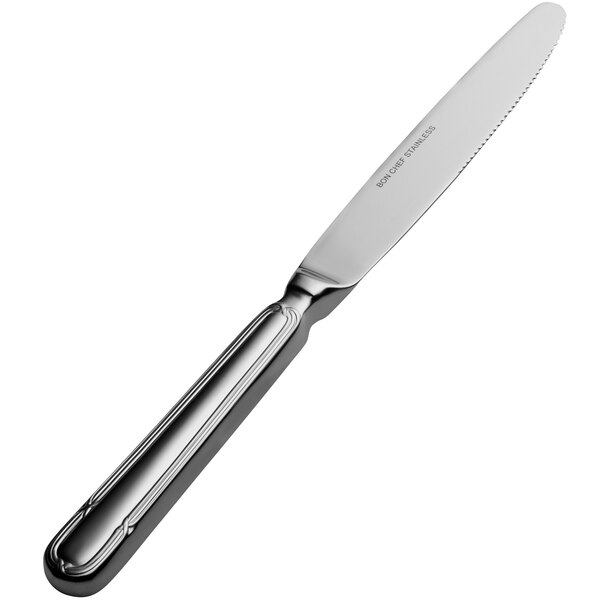 A Bon Chef stainless steel European size dinner knife with a silver handle.