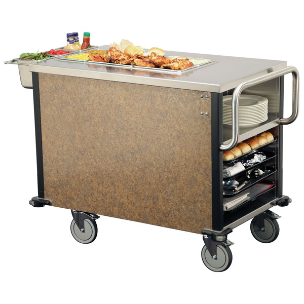 A Lakeside dining meal serving cart with food on it.