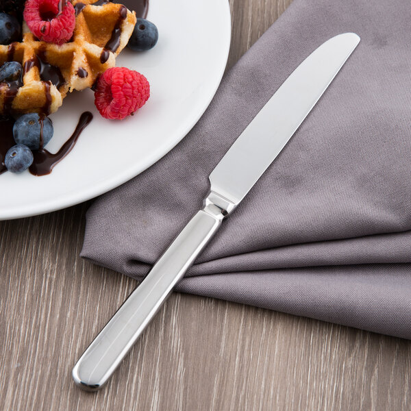 A Libbey stainless steel dessert knife on a plate of waffles with berries and chocolate sauce.