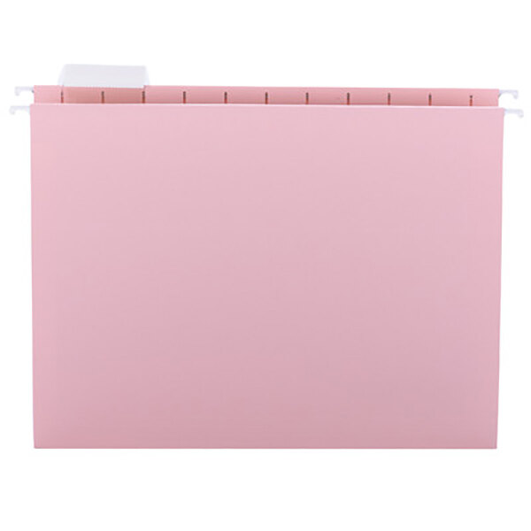 A pink Smead hanging file folder with a white repositionable poly tab.
