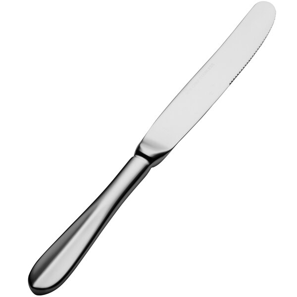 A Bon Chef stainless steel dinner knife with a hollow black handle and silver blade.