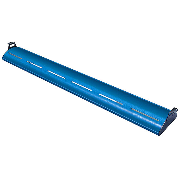 A blue metal beam with curved blue lights on the bottom and holes.